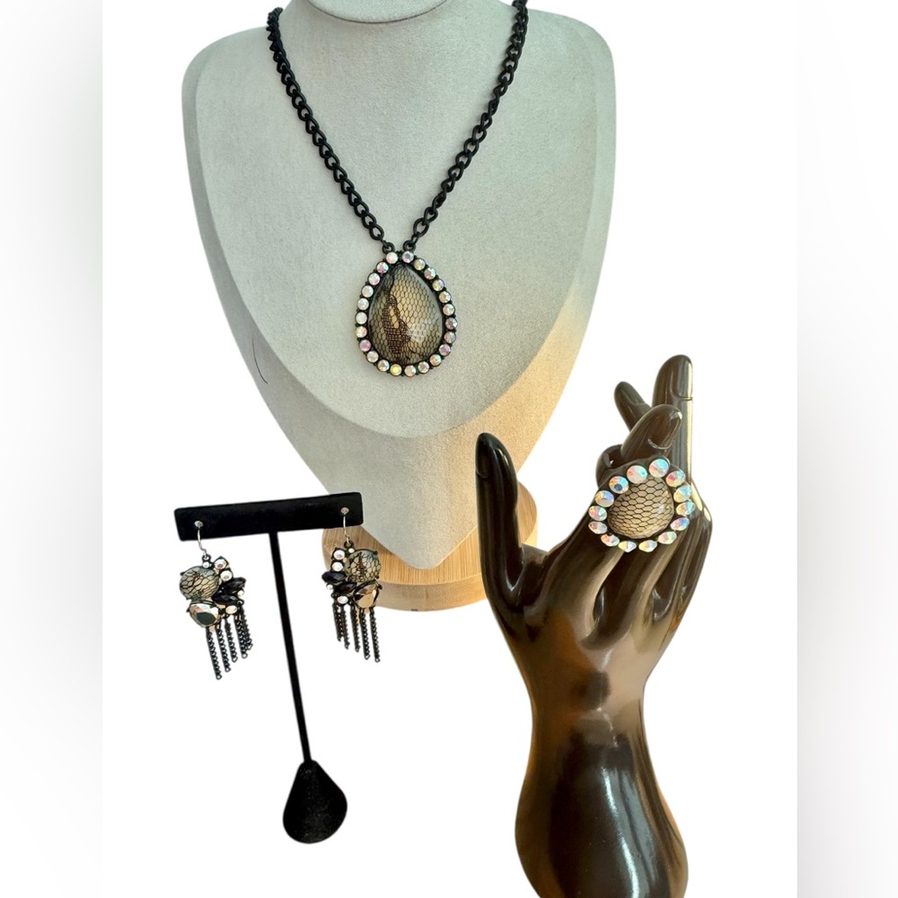 Fun AB Rhinestone Black Necklace Earrings Ring Jewelry Set